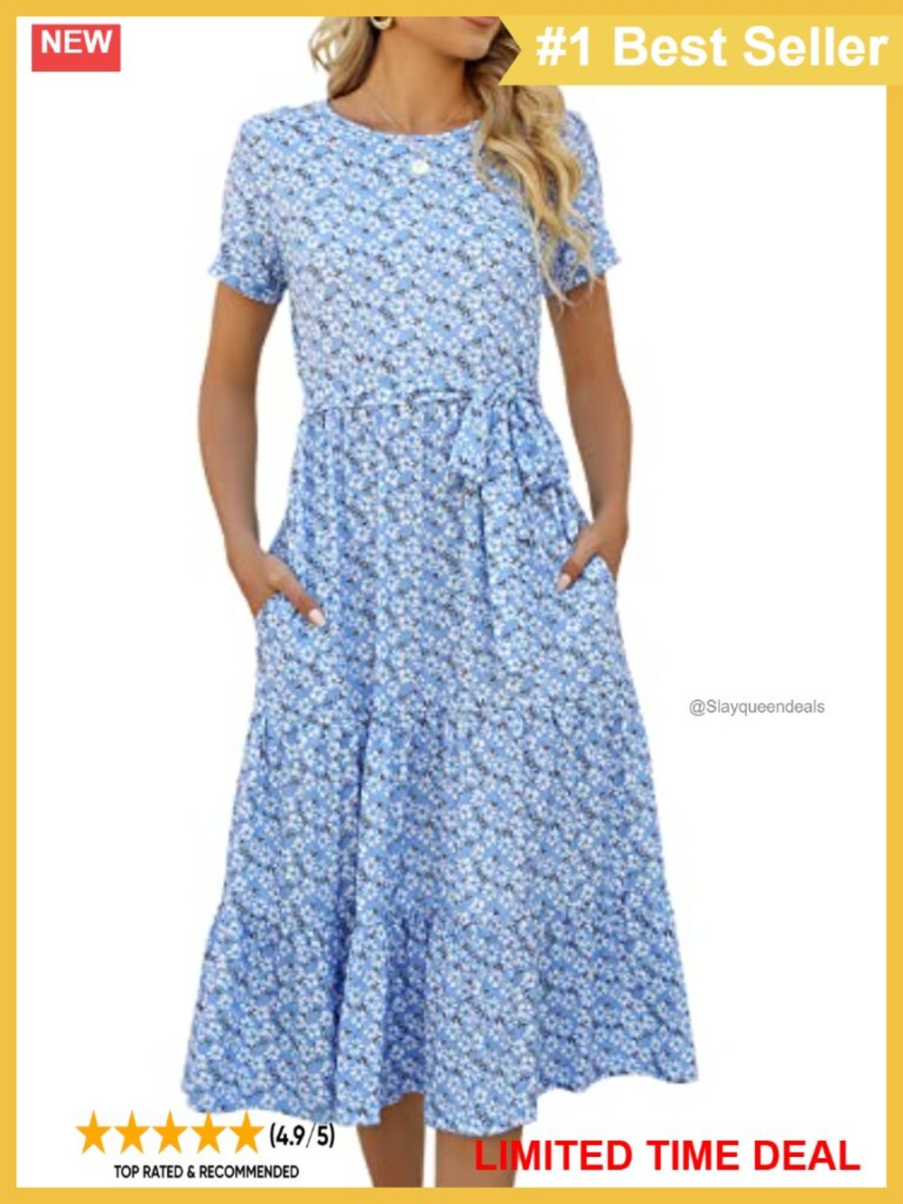 Women's Tiered Midi Dress Short Sleeve Belted Casual Teacher Church Modest